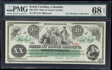 Columbia, South Carolina. State of South Carolina. 1872 $20. PMG Superb Gem Uncirculated 68 EPQ.
No. 4662. Plate B. A Superb Gem example of this ever...
