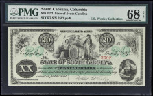 Columbia, South Carolina. State of South Carolina. 1872 $20. PMG Superb Gem Uncirculated 68 EPQ.
No. 2597. Plate B. A Superb Gem example of this ever...