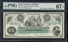 Columbia, South Carolina. State of South Carolina. 1872 $20. PMG Superb Gem Uncirculated 67 EPQ.
No. 2393. Plate B. A Superb Gem example of this ever...