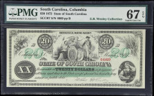 Columbia, South Carolina. State of South Carolina. 1872 $20. PMG Superb Gem Uncirculated 67 EPQ.
No. 4660. Plate B. A Superb Gem example of this ever...