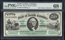 Columbia, South Carolina. State of South Carolina. 1872 $50. PMG Superb Gem Uncirculated 68 EPQ.
No. 2808. Plate A. A Superb Gem example of this ever...