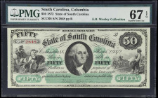 Columbia, South Carolina. State of South Carolina. 1872 $50. PMG Superb Gem Uncirculated 67 EPQ.
No. 2848. Plate B. A Superb Gem example of this ever...