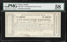 Austin, Texas. Consolidated Fund of Texas. 1837 $100. PMG Choice About Uncirculated 58.
No. 6128. A seemingly ordinary example originally issued in a...