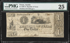 Austin, Texas. Republic of Texas. 1841 $1. PMG Very Fine 25.
No. 4452. Plate A. A vignette of a field maiden is seen just right of center with a deno...