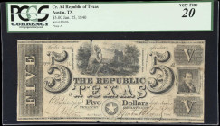 Austin, Texas. Republic of Texas. 1840 $5. PCGS Currency Very Fine 20. Small Edge Nicks.
No. 5696. Plate A. An evenly circulated note issued by the R...