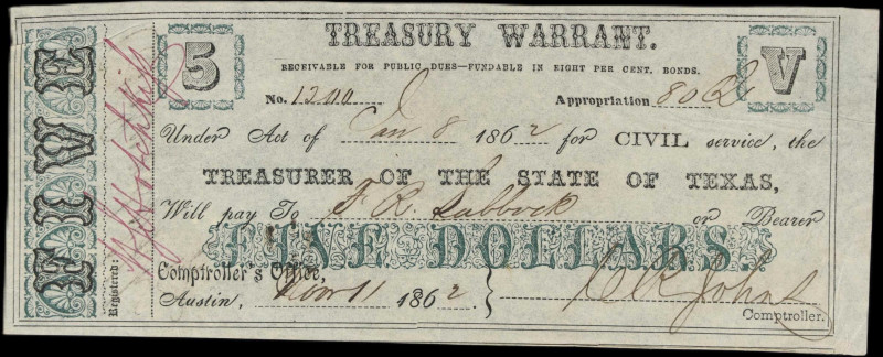 Austin, Texas. State of Texas. Treasury Warrant. 1862 $5. Very Fine.
No. 1200. ...