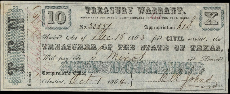 Austin, Texas. State of Texas. Treasury Warrant. 1863 $10. About Uncirculated.
...