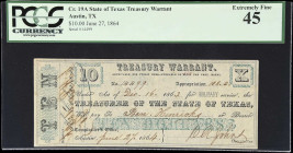 Austin, Texas. State of Texas. Treasury Warrant. 1864 $10. PCGS Currency Extremely Fine 45.
No. 14499. Issued by the Texas State Treasurer and paid o...