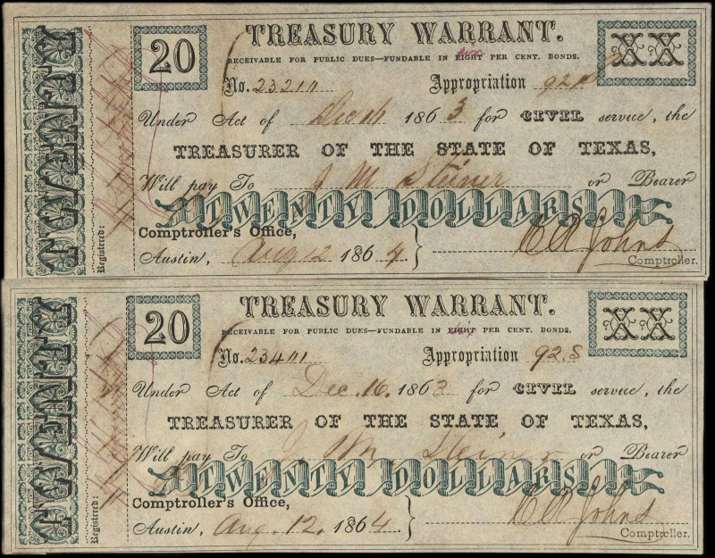 Lot of (2). Austin, Texas. State of Texas. Treasury Warrant. 1864 $20. About Unc...