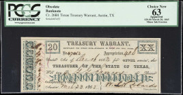 Austin, Texas. State of Texas. Treasury Warrant. 1865 $20. PCGS Currency Choice New 63 Apparent. Minor Ink Erosion.
No. 47453. Paid out of the Texas ...