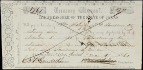 Austin, Texas. State of Texas. Treasury Warrant. 1861 $27. Extremely Fine.
No. 1461. Paid out by the Texas State Treasurer to a tune of $27.00. This ...