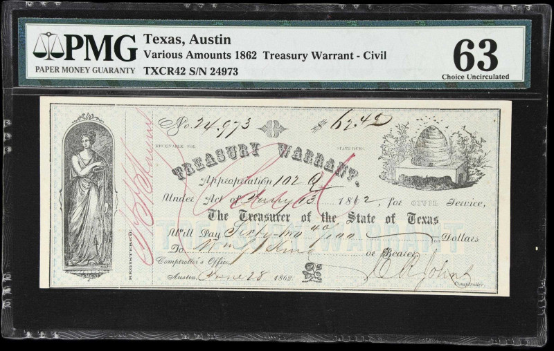 Austin, Texas. State of Texas. Treasury Warrant. 1862 $62.40. PMG Choice Uncircu...