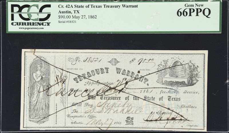 Austin, Texas. State of Texas. Treasury Warrant. 1862 $90. PCGS Currency Gem New...