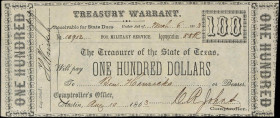 Austin, Texas. State of Texas. Treasury Warrant. 1863 $100. Choice Very Fine.
No. 10912. Issued by the Treasurer of the State of Texas, this individu...