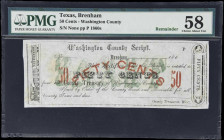Brenham, Texas. Washington County Script. 186x 50 Cents. PMG Choice About Uncirculated 58. Remainder.
No. None. Plate P. Issued by Washington County,...