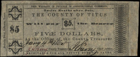 Mount Pleasant, Texas. County of Titus. Treasury Warrant. 1865 $5. Extremely Fine.
Hailing from a small county in North Texas, this item which is qui...