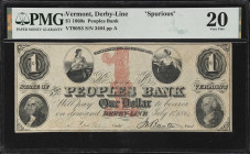 Derby-Line, Vermont. Peoples Bank. 1862 $1. PMG Very Fine 20. Spurious.
No. 3404. Plate A. Female portraits at center with large red denomination cou...