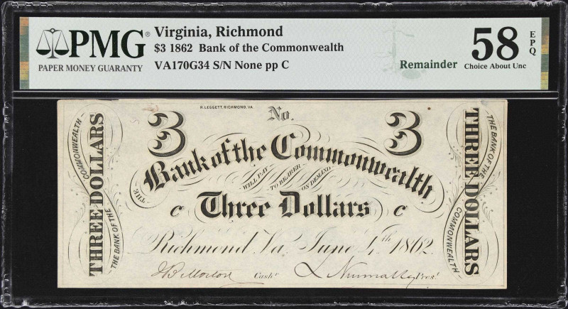 Richmond, Virginia. Bank of the Commonwealth. 1862 $3. PMG Choice About Uncircul...