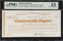Richmond, Virginia. Commonwealth of Virginia. 1879 $5. PMG About Uncirculated 55.
No. 1371. An unusual piece of ephemera from Virginia with a face va...