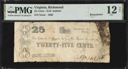Richmond, Virginia. D.D. Sublett. 1862 25 Cents. PMG Fine 12 Net. Corner Repair, Tear. Remainder.
No. None. A weathered Remainder that appears quite ...