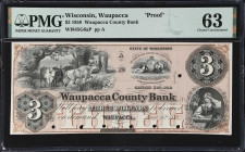 Waupacca, Wisconsin. Waupacca County Bank. 1858 $3. PMG Choice Uncirculated 63. Proof.
No. None. Plate A. State die just right of center opposite a v...