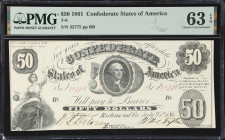 T-8. Confederate Currency. 1861 $50. PMG Choice Uncirculated 63 EPQ.
No. 32775. Plate BB. Featuring a portrait of George Washington at center this no...