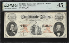 T-26. Confederate Currency. 1861 $10. PMG Choice Extremely Fine 45.
No. 11823. Plate W. A scarce type from the early years of the conflict, a portrai...