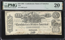 T-29. Confederate Currency. 1861 $10. PMG Very Fine 20.
No. 33695. Plate H. A better Confederate type issued towards the very beginning of the Americ...