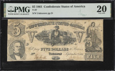 T-37. Confederate Currency. 1861 $5. PMG Very Fine 20.
No. Unknown. Plate D. Sailor seated at center against an assortment of dry goods. Portrait of ...