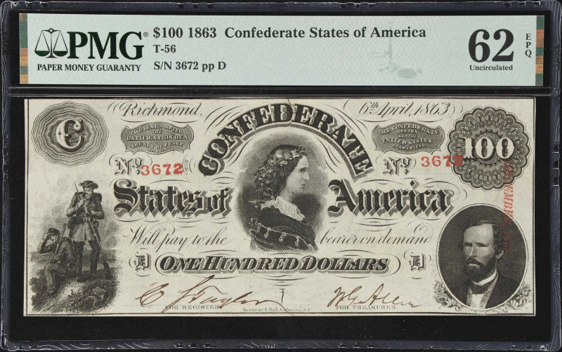 T-56. Confederate Currency. 1863 $100. PMG Uncirculated 62 EPQ.
No. 3672. Plate...