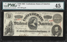 T-56. Confederate Currency. 1863 $100. PMG Choice Extremely Fine 45.
No. 1407. Plate B. A type that feels vaguely reminiscent of contemporary Federal...