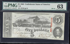 T-60. Confederate Currency. 1863 $5. PMG Choice Uncirculated 63.
No. 45410. Plate H. Seen with less frequency than those issued in 1864, a printed ba...