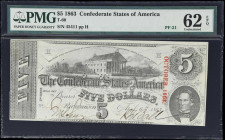 T-60. Confederate Currency. 1863 $5. PMG Uncirculated 62 EPQ.
No. 45411. Plate H. Seen with less frequency than those issued in 1864, a printed back ...