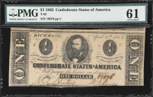 T-62. Confederate Currency. 1863 $1. PMG Uncirculated 61.
No. 18076. Plate C. An Uncirculated note that showcases the hurried production and ever-inc...