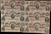 Lot of (6) T-65. Confederate Currency. 1864 $100. About Uncirculated.
An assemblage of approximately (6) T-65 $100 Confederate notes which grade roug...