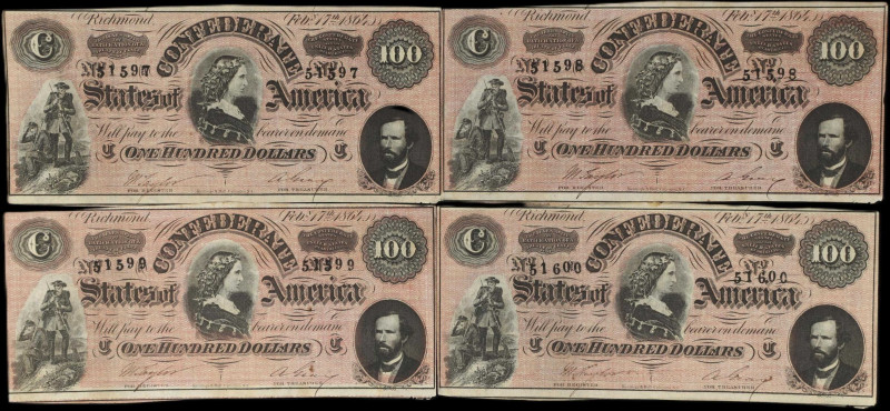 Lot of (4). T-65. Confederate Currency. 1864 $100. About Uncirculated. Consecuti...