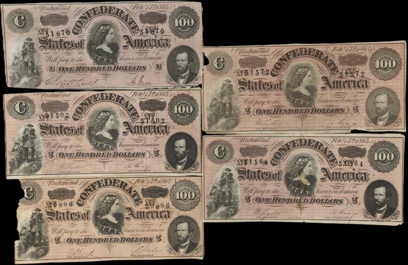 Lot of (5) T-65. Confederate Currency. 1864 $100. Very Fine. Damaged.
A lot of ...