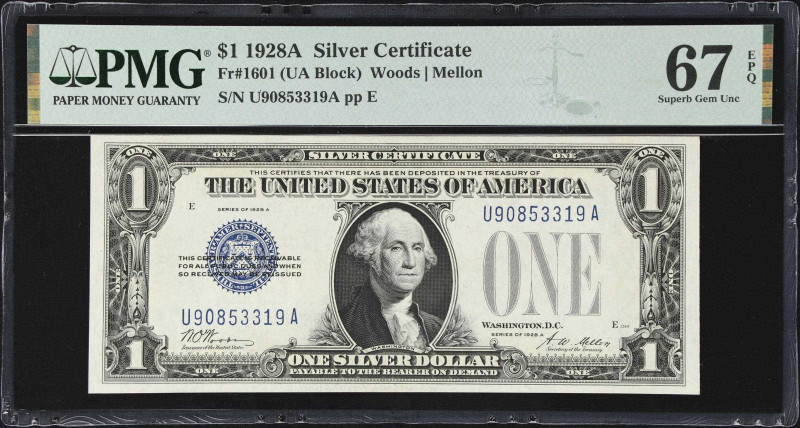 Fr. 1601. 1928A $1 Silver Certificate. PMG Superb Gem Uncirculated 67 EPQ.
An e...