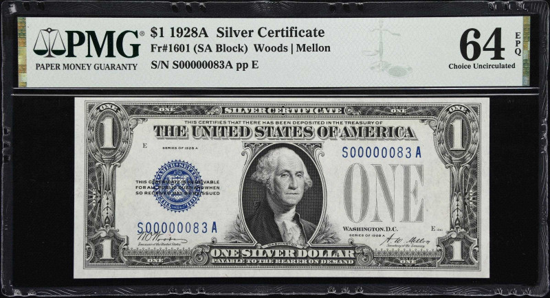 Fr. 1601. 1928A $1 Silver Certificate. PMG Choice Uncirculated 64 EPQ. Low Seria...