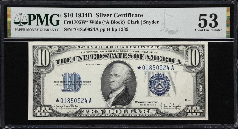 Fr. 1705W*. 1934D $10 Silver Certificate Star Note. PMG About Uncirculated 53. W...