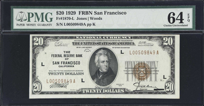 Fr. 1870-L. 1929 $20 Federal Reserve Bank Note. San Francisco. PMG Choice Uncirc...