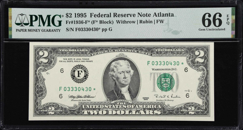 Lot of (6) Fr. 1936-F*. 1995 $2 Federal Reserve Star Notes. Atlanta. PMG Gem Unc...