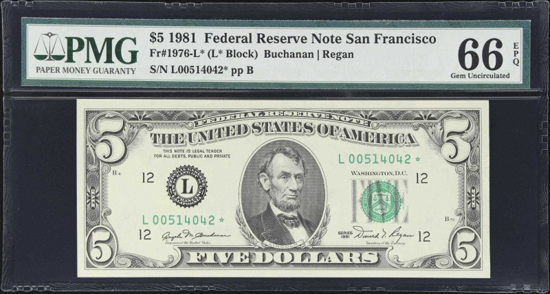 Fr. 1976-L*. 1981 $5 Federal Reserve Star Note. San Francisco. PMG Gem Uncircula...