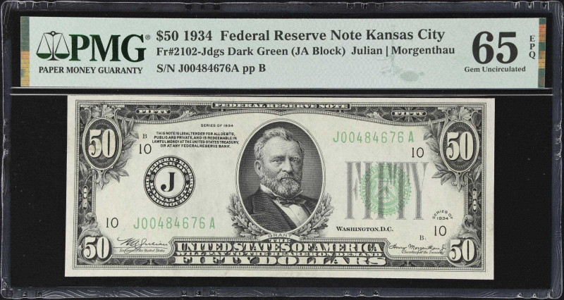 Fr. 2102-Jdgs. 1934 Dark Green Seal $50 Federal Reserve Note. Kansas City. PMG G...