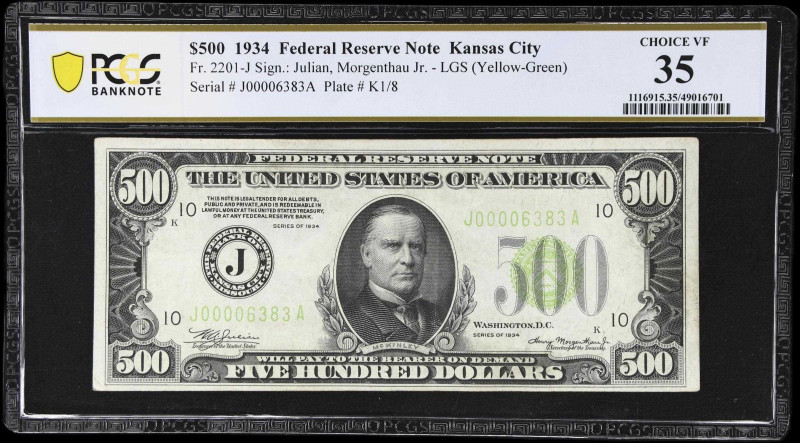 Fr. 2201-J. 1934 Light Green Seal $500 Federal Reserve Note. Kansas City. PCGS B...