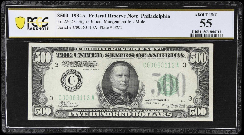 Fr. 2202-C. 1934A $500 Federal Reserve Mule Note. Philadelphia. PCGS Banknote Ab...