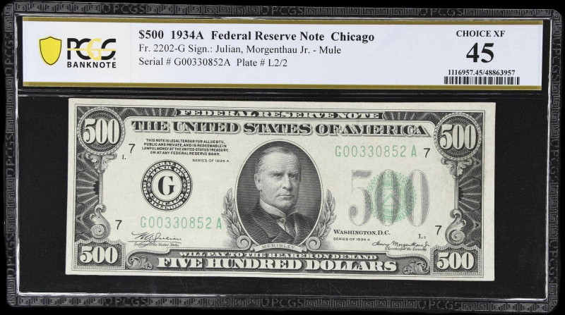 Fr. 2202-G. 1934A $500 Federal Reserve Mule Note. Chicago. PCGS Banknote Choice ...