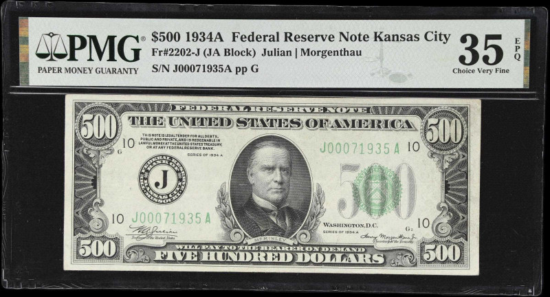 Fr. 2202-J. 1934A $500 Federal Reserve Note. Kansas City. PMG Choice Very Fine 3...