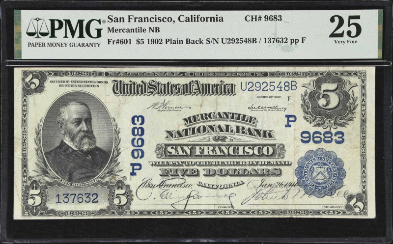 San Francisco, California. $5 1902 Plain Back. Fr. 601. Mercantile NB. Charter #...