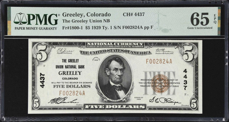 Greeley, Colorado. $5 1929 Ty. 1. Fr. 1800-1. The Greeley Union NB. Charter #443...